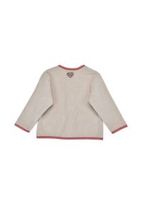 Beige Fleece-Shirt mit langen Ärmeln, rot-weiß kariertem Besatz am Kragen und an den Manschetten sowie einem herzförmigen Anhänger auf der Rückseite.