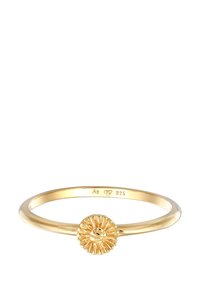 Gold-plated sterling silver ring with a lion face centerpiece, featuring a textured sunburst design. Markings include "925" for silver content.