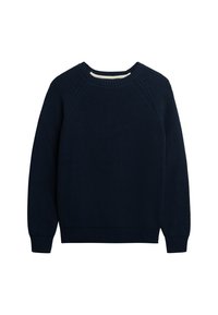 Granatowy sweter dzianinowy z okrągłym dekoltem, teksturowana tkanina, ściągacze na mankietach i u dołu, a także krój raglanowy. Brak widocznych znaków firmowych lub wzorów.