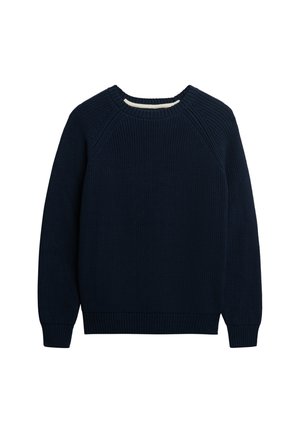 Marineblå strikket sweater med rund hals, tekstureret stof, ribbede manchetter og kant, samt raglanærmedesign. Ingen synlig branding eller mønstre.