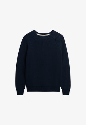 Navy knitted sweater with a crew neck, textured fabric, ribbed cuffs and hem, and raglan sleeve design. No visible branding or patterns.