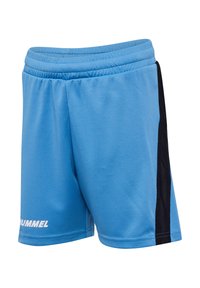 Shorts de sport bleus avec taille élastique et bande latérale noire, avec logo blanc "Hummel" sur la jambe gauche.