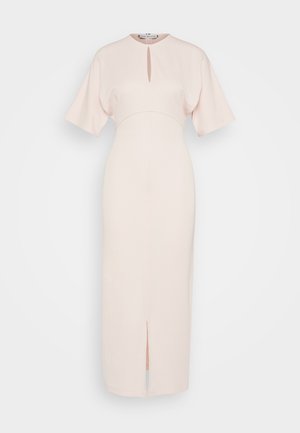 Heledad roosa midi kleit lühikeste varrukatega, ümmarguse kaelusega ja ees oleva lõhikuga. Valmistatud siledast kangast, millel on lähedalt liibuv ülakeha ja vabalt langev seelik.