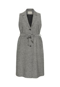 Harmaa herringbone-tyylinen liivihevonen mekko, jossa on kaulus, musta vuori, edessä napit ja sopiva vyö vyötäröllä.