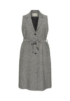 Rochie din vest gri în pattern herringbone, cu guler, interior negru, nasturi în față și o curea asortată la talie.