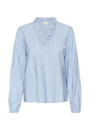 Light blue long-sleeve blouse with a V-neck, ruffled collar, and textured vertical stripes. Features gathered cuffs and a relaxed fit.