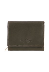 Olive green leather wallet with a smooth texture, featuring a front logo embossing and gold zipper detail on the side. Compact and rectangular design.