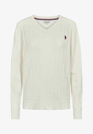Kreemivärvi, kaeluseta, soonikkoesega ja äärelineeritud nöörsweater. Vasakul rinnal väike logoaktsent.