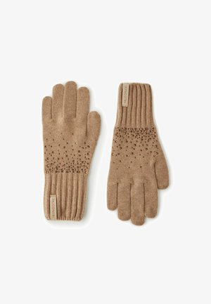 Beżowe dziergane rękawiczki z prążkowanymi mankietami, zdobione teksturowanym wzorem z małymi kamykami na dłoni. Metka z napisem "FALCONERI".