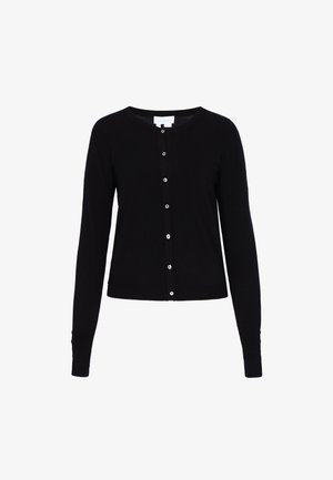 Sort cardigan med lange ærmer, rund halsudskæring og knaplukning foran. Fremstillet af glat materiale med en tætsiddende pasform. Ingen mønstre eller detaljer.
