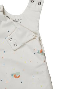 Baumwollstrampler in Creme mit bunten Sprenkeln. Verfügt über Fuchs-Muster, Druckknopfschlüsse an den Trägern und einen weichen Stoff.