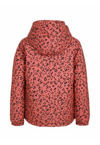 Veste rembourrée en corail avec un motif à pois noirs, dotée d'une capuche et de poignets élastiques. Surface texturée avec des détails de couture en chevrons.