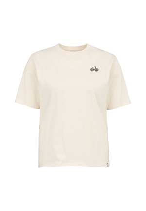 Cremfarbener Baumwoll-T-Shirt mit lockerer Passform, das ein kleines schwarzes Fahrrad- und Blumenmotiv auf der linken Brust zeigt. Kurze Ärmel.