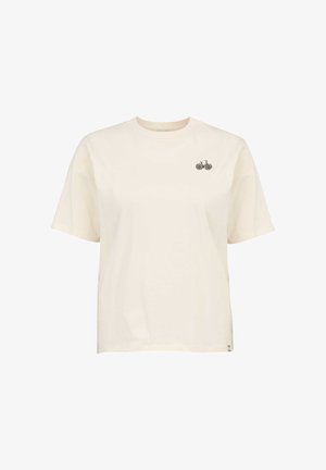 Cremfarbener Baumwoll-T-Shirt mit lockerer Passform, das ein kleines schwarzes Fahrrad- und Blumenmotiv auf der linken Brust zeigt. Kurze Ärmel.