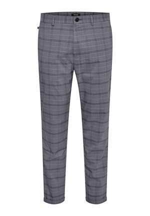 Grau karierte Hose mit maßgeschneidertem Schnitt, featuring einem Knopfverschluss, seitlichen Taschen und einem subtilen strukturierten Stoffmuster.