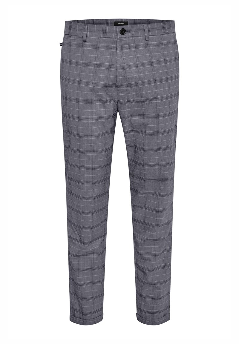 Grijze geruite broek met een getailleerde pasvorm, voorzien van een knoopsluiting, zijzakken en een subtiel textuurpatroon in de stof.