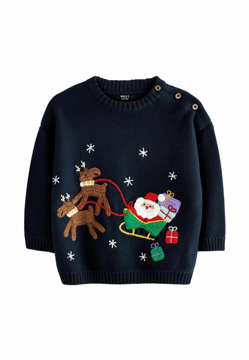 Pull bleu marine avec Père Noël tricoté dans un traîneau, deux rennes, flocons de neige et cadeaux, avec des boutons sur l'épaule.