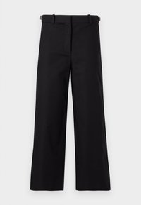 Black wide-leg trousers made of cotton fabric, featuring a belt and a smooth texture, with a clean front design and no visible patterns.