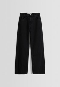 Jeans negros de pierna ancha hechos de mezclilla, con cintura alta, dos bolsillos delanteros y cierre clásico de botón y cremallera. Textura suave.