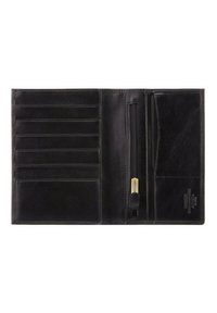 Portafoglio in pelle nera con più slot per carte, una tasca per monete con zip e una superficie liscia. Presenta una cerniera con un tirante in metallo dorato.