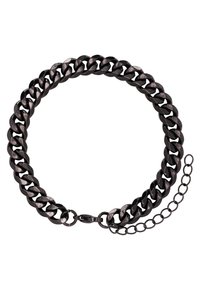 Collana in metallo a catena con anelli spessi e intrecciati in una finitura scura. Presenta una chiusura e un'estensione della catena regolabile per variare la lunghezza.