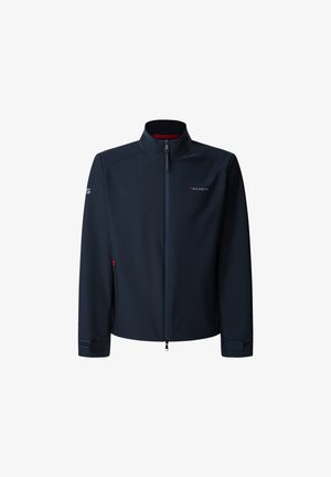 Tummansininen takki, jossa on korkea kaulus, täysi vetoketju ja huomaamaton logo rinnassa. Sujuva kangas, jossa on istuvat hihat ja säädettävät hihansuut.