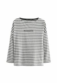 Šedobiele pruhované tričko s dlhým rukávom a okrúhlym výstrihom, na prednej strane s vyšitým logom "ALLSAINTS". Vyrobené z jemnej, ľahkej textílie.