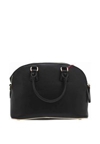 Sac à main en cuir noir avec une forme arrondie, double poignées, quincaillerie dorée et fermeture éclair. Texture lisse avec un petit détail de fermeture éclair sur le côté.