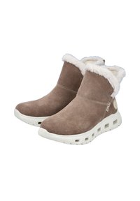 Brązowe zamszowe botki za kostkę z puszystym białym kołnierzem, teksturowanym wykończeniem i białą gumową podeszwą z wycięciami i akcentem logo.