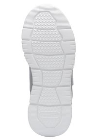 Weiße Gummisohle mit strukturierten Grip-Mustern, ausgestattet mit einer abgerundeten Ferse und dem eingeprägten Markennamen "KangaRoos" in der Nähe des Zehenbereichs.
