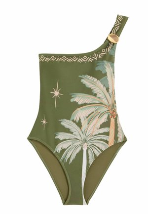 Olivengrøn enkelt skulder badedragt med en guldlås, med palme- og stjernedesign i beige og lyseblå.