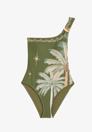 Olivengrøn enkelt skulder badedragt med en guldlås, med palme- og stjernedesign i beige og lyseblå.