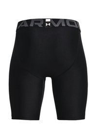 Svarta träningsshorts i stretchigt material, med ett brett, grått elastiskt midjeband där "ARMOUR" är tryckt.