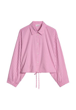 Rosa Langarm-Hemd mit vertikalen schwarzen Streifen und einer vorderen Schleife am Saum, mit klassischem Kragen und elastischen Bündchen.