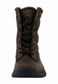 Bruine veterschoenen met een bovenwerk van glad leer en textiel, een ronde neus, nepbont voering aan de bovenkant en een stevige zwarte rubberen zool.