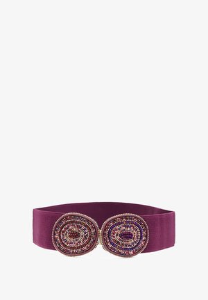 Cintura elastica viola con due accenti a forma di cerchio decorati con perline a motivi multicolori, rifinita con dettagli in metallo color oro.
