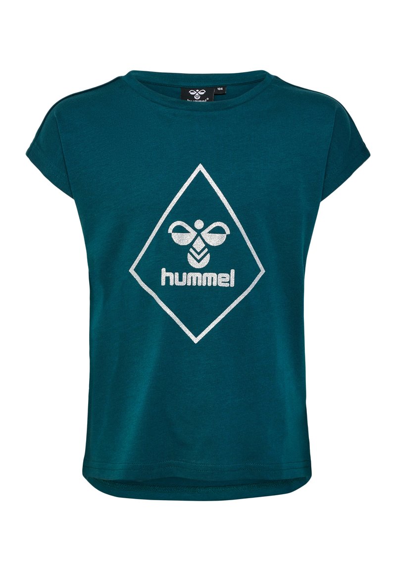 Teal kortekleurige t-shirt van katoen met een diamantvormig zilveren logo waarop een bij staat en het woord "hummel" in het midden.