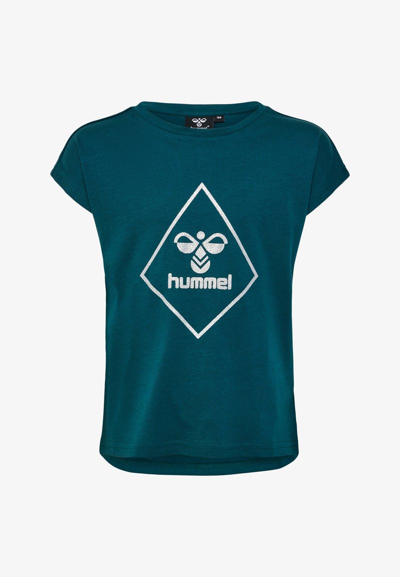 Teal kortekleurige t-shirt van katoen met een diamantvormig zilveren logo waarop een bij staat en het woord "hummel" in het midden.