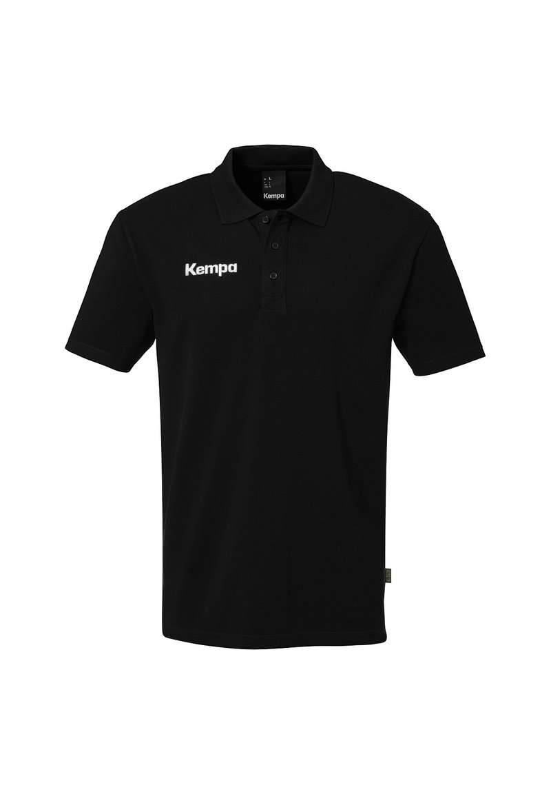 Sort polo shirt lavet af bomuld, med krave og tre-knaps lukning. Hvid "Kempa" logo på venstre bryst. Korte ærmer.