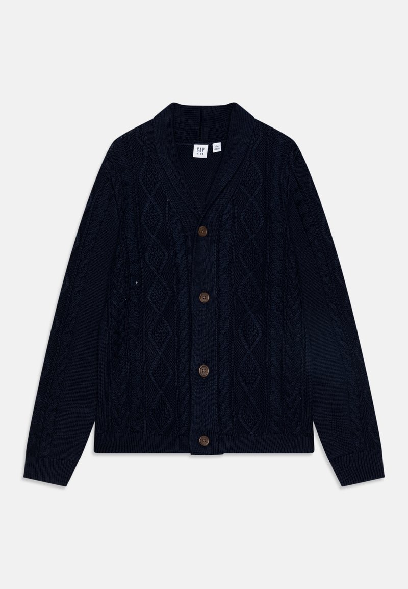 Cardigan bleu marine en maille torsadée avec col châle et quatre boutons marron sur le devant, manches longues, poignets et ourlet côtelés.