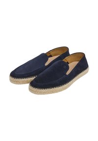 Mörkblå mocka slip-on skor med en espadrillestil jutesula och kontrasterande blå sömmar längs den övre kanten.