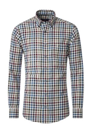 Karierte Langarmbluse mit roten, blauen und grünen Quadraten auf weißem Hintergrund. Button-Down-Kragen und eine Brusttasche.