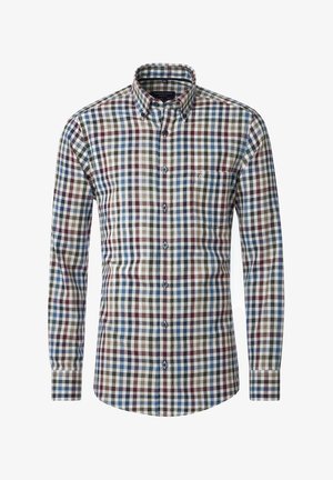 Karierte Langarmbluse mit roten, blauen und grünen Quadraten auf weißem Hintergrund. Button-Down-Kragen und eine Brusttasche.