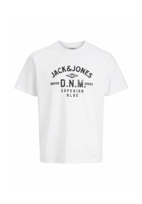 Balta medvilninė marškinėliai su apvalia iškirpte, trumpomis rankovėmis ir juodu spauda: "JACK & JONES PREMIUM INDIGO D.N.M GOODS SUPERIOR BLUE."