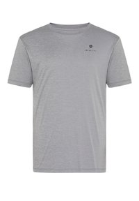 Grå kortærmet t-shirt lavet af blødt stof, med et diskret logo på brystet. Rund halsudskæring med en afslappet pasform.