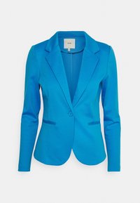 Modrá sako s dlouhými rukávy, klopovými límci, zapínáním na jeden knoflík a dvěma předními kapsami. Hladká látka s přiléhavým střihem.