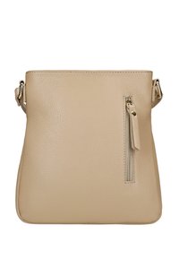 Borsa a spalla in pelle beige con superficie texturizzata, dotata di tasca frontale con zip, tracolla regolabile e forma rettangolare.