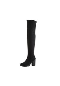 Stivali neri sopra il ginocchio in suede, con tacco a blocco, punta arrotondata e texture liscia, dotati di un design aderente alla caviglia.