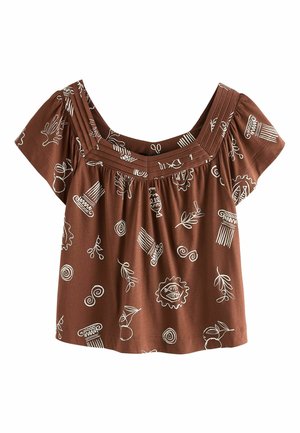 Hnedá blúzka s krátkym rukávom a štvorcovým výstrihom, s plisovanou lemovkou a bielymi abstraktnými líniovými kresbami rastlín, stĺpov a keramiky.
