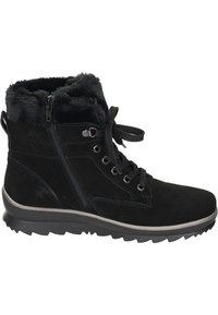 Botas de tobillo de ante negro con forro de pelo sintético, que presentan un diseño de cordones en la parte delantera y una cremallera lateral. Suela de goma con detalle de textura en la pisada.